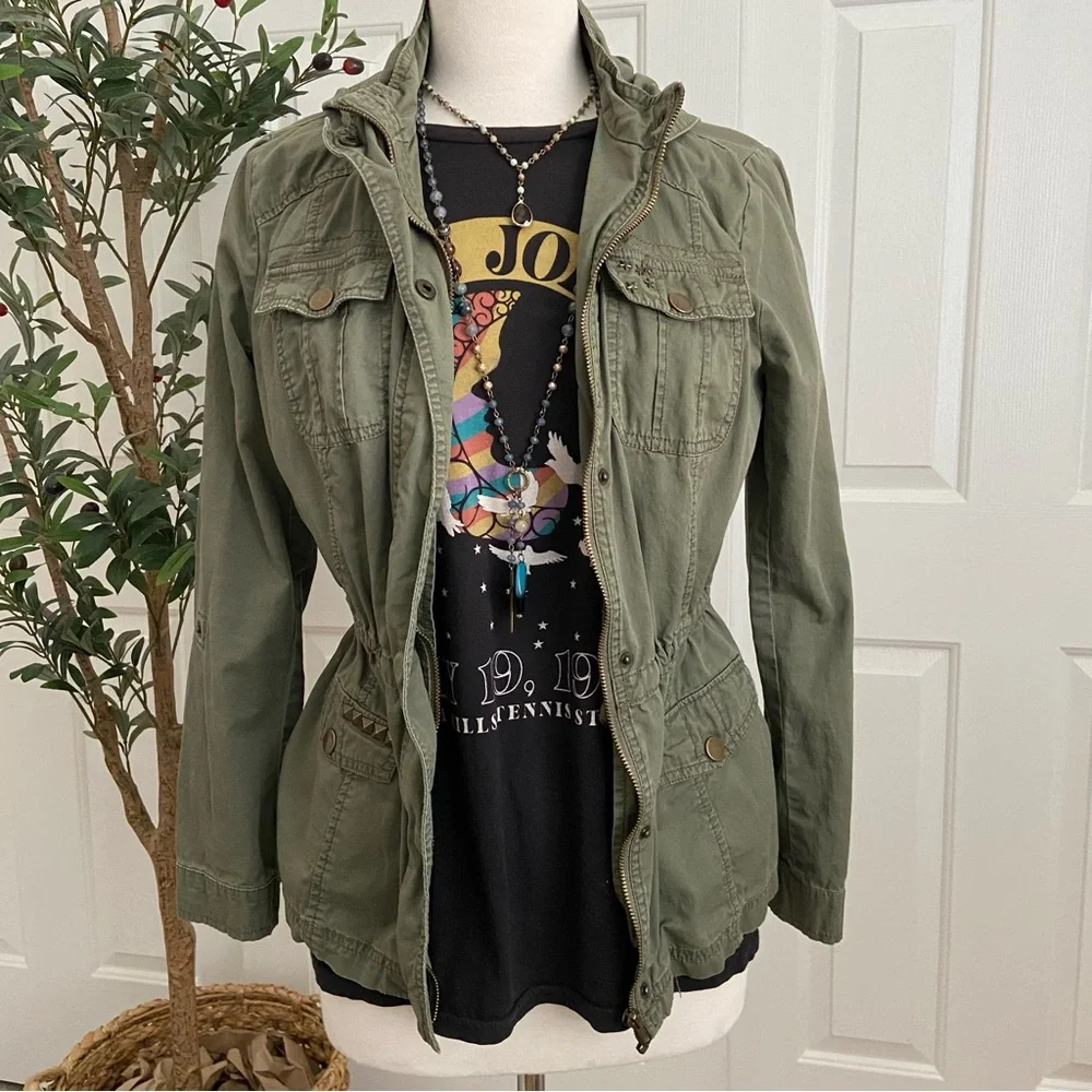 Cargo Utility Hoodie Jacket, Military Vibe, Adjustable Gathered Waist - Picture 1 of 14